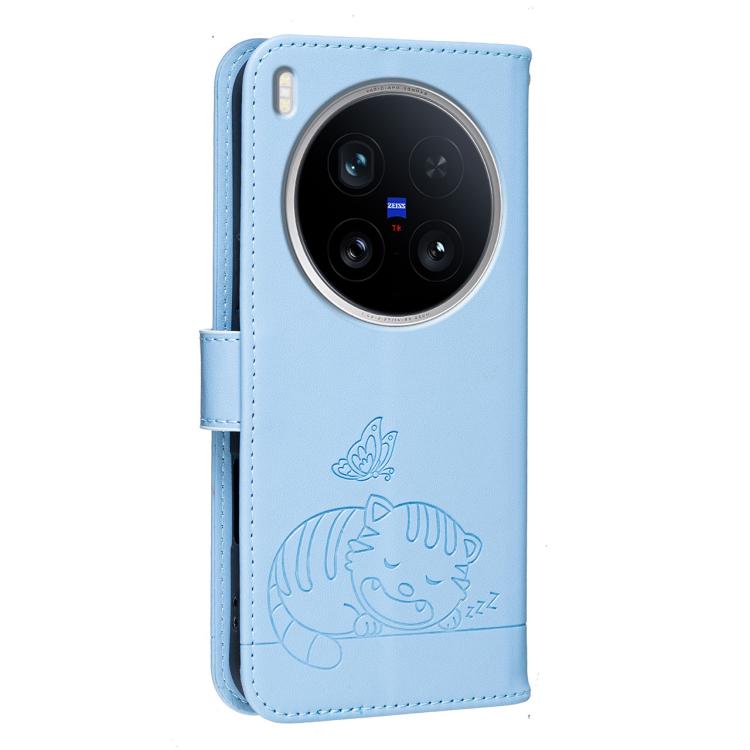 For vivo X200 Ultra Cat Butterfly Embossed RFID Vegan Leather Phone Case with Strap