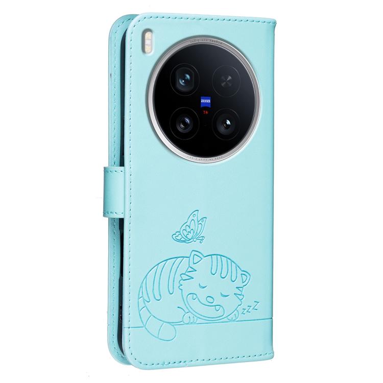 For vivo X200 Ultra Cat Butterfly Embossed RFID Vegan Leather Phone Case with Strap