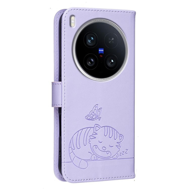 For vivo X200 Ultra Cat Butterfly Embossed RFID Vegan Leather Phone Case with Strap