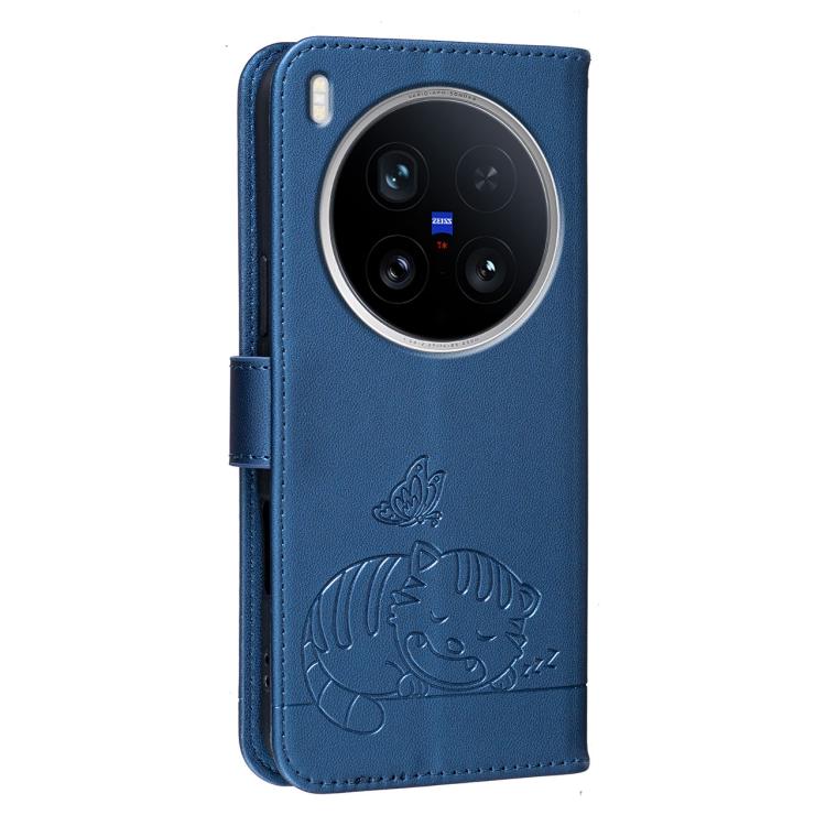 For vivo X200 Ultra Cat Butterfly Embossed RFID Vegan Leather Phone Case with Strap