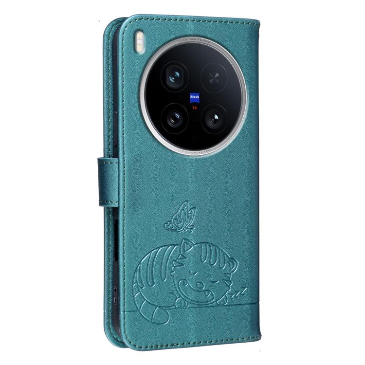 For vivo X200 Ultra Cat Butterfly Embossed RFID Vegan Leather Phone Case with Strap