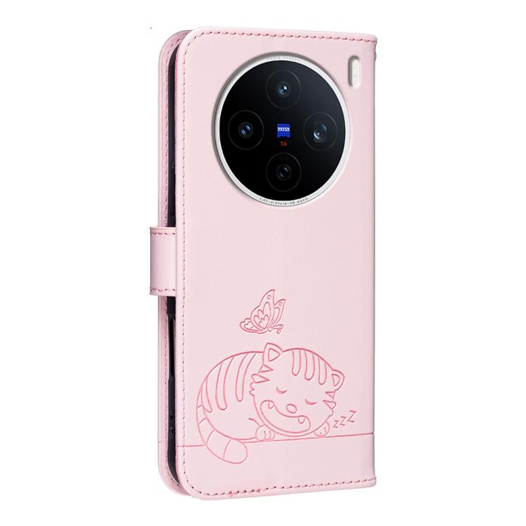 For vivo X200s Cat Butterfly Embossed RFID Vegan Leather Phone Case with Strap