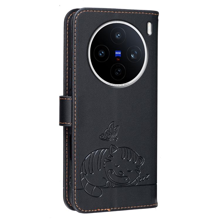 For vivo X200s Cat Butterfly Embossed RFID Vegan Leather Phone Case with Strap