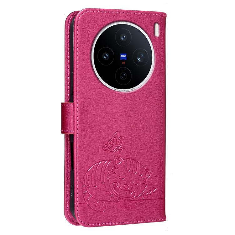 For vivo X200s Cat Butterfly Embossed RFID Vegan Leather Phone Case with Strap