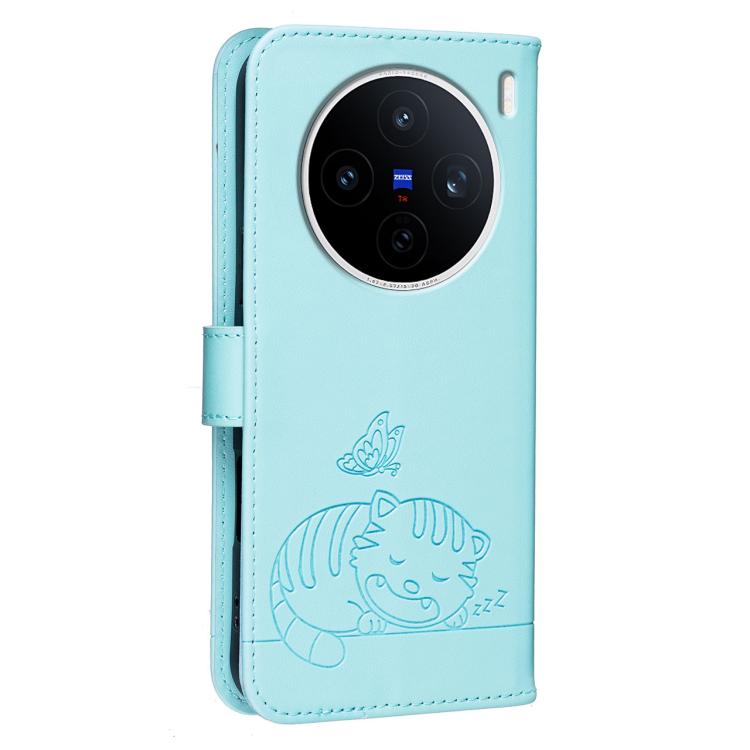 For vivo X200s Cat Butterfly Embossed RFID Vegan Leather Phone Case with Strap