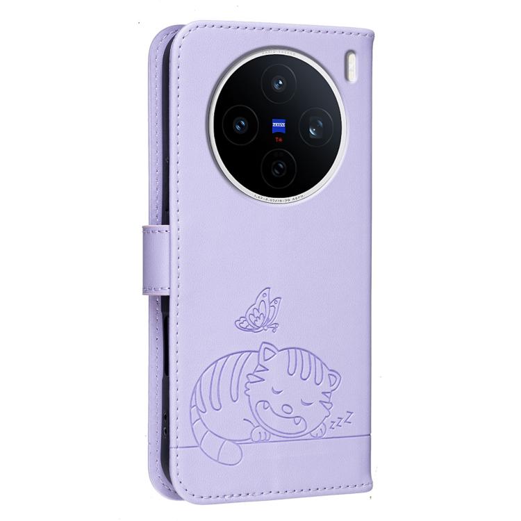 For vivo X200s Cat Butterfly Embossed RFID Vegan Leather Phone Case with Strap