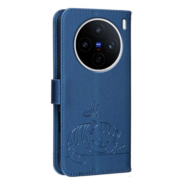For vivo X200s Cat Butterfly Embossed RFID Vegan Leather Phone Case with Strap
