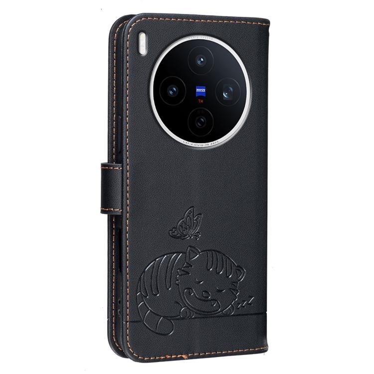 For vivo X300 Cat Butterfly Embossed RFID Vegan Leather Phone Case with Strap
