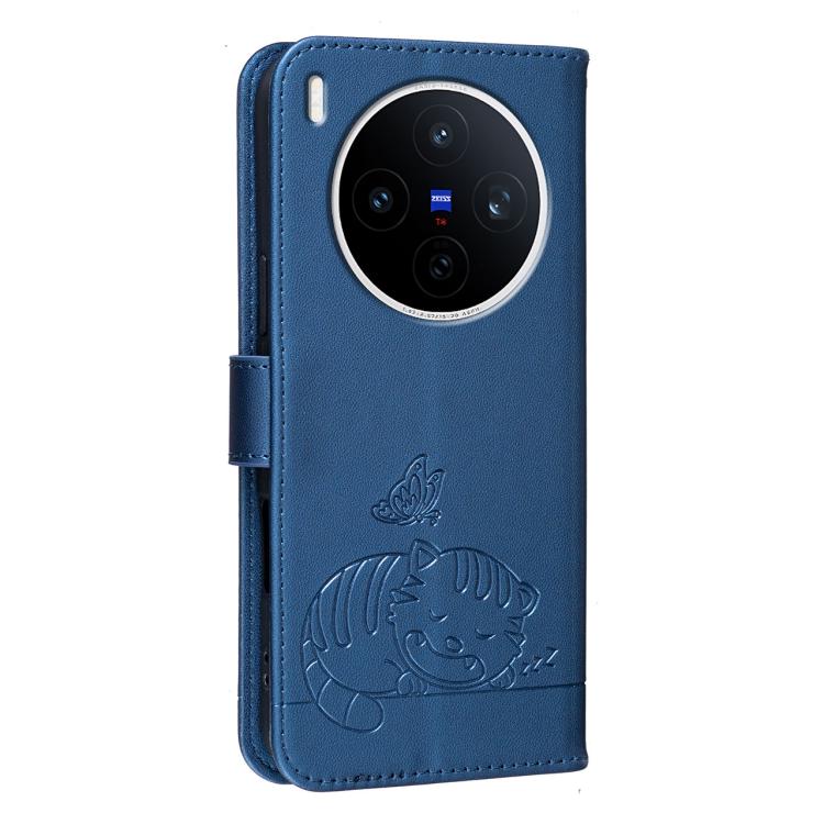 For vivo X300 Cat Butterfly Embossed RFID Vegan Leather Phone Case with Strap