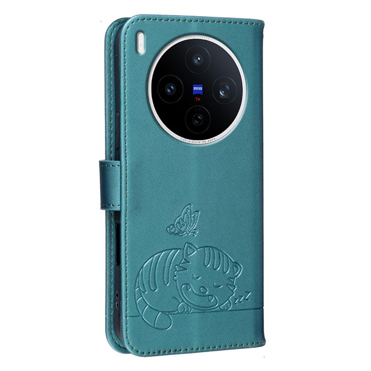 For vivo X300 Cat Butterfly Embossed RFID Vegan Leather Phone Case with Strap