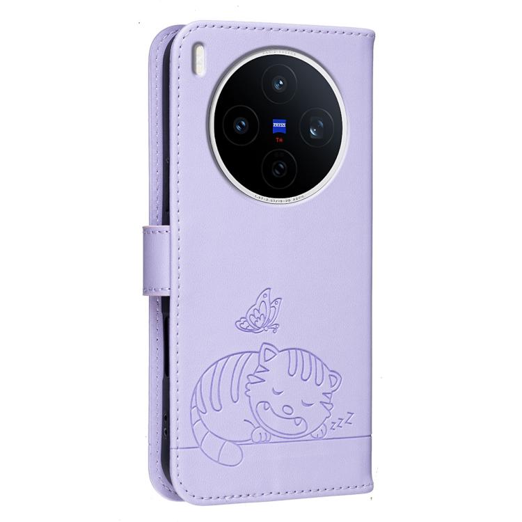 For vivo X300 Pro Cat Butterfly Embossed RFID Vegan Leather Phone Case with Strap