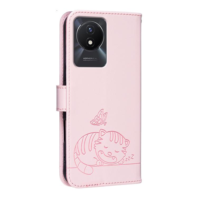 For vivo Y02A Cat Butterfly Embossed RFID Vegan Leather Phone Case with Strap