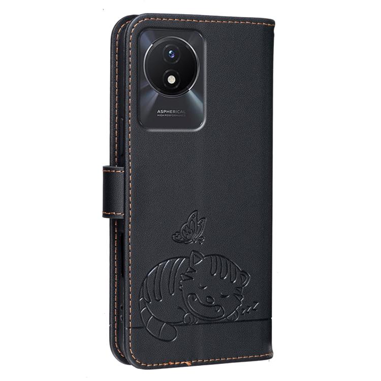 For vivo Y02A Cat Butterfly Embossed RFID Vegan Leather Phone Case with Strap