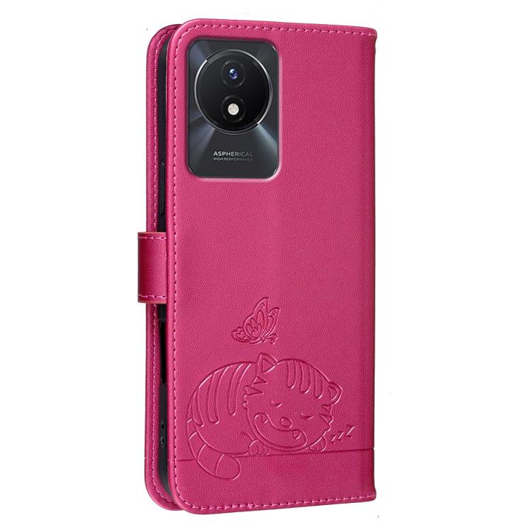 For vivo Y02A Cat Butterfly Embossed RFID Vegan Leather Phone Case with Strap
