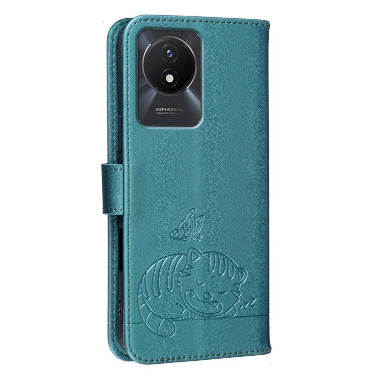 For vivo Y02A Cat Butterfly Embossed RFID Vegan Leather Phone Case with Strap
