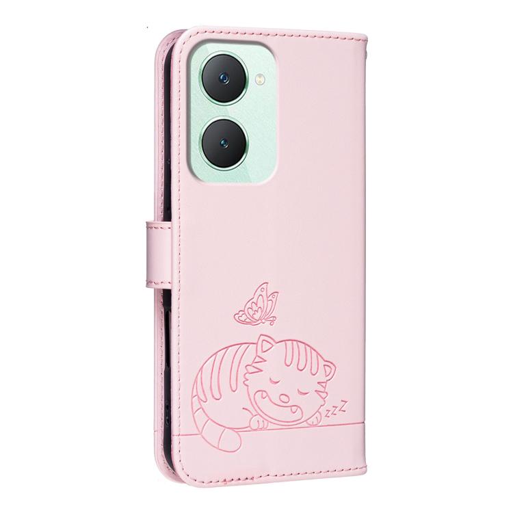 For vivo Y03 Cat Butterfly Embossed RFID Vegan Leather Phone Case with Strap