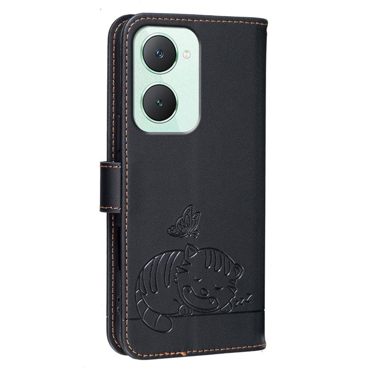 For vivo Y03 Cat Butterfly Embossed RFID Vegan Leather Phone Case with Strap