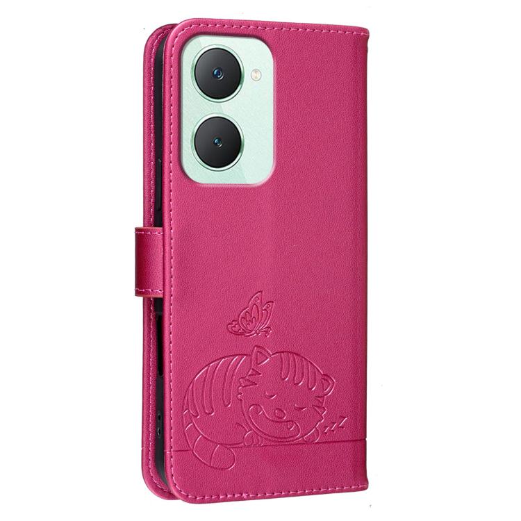 For vivo Y03 Cat Butterfly Embossed RFID Vegan Leather Phone Case with Strap