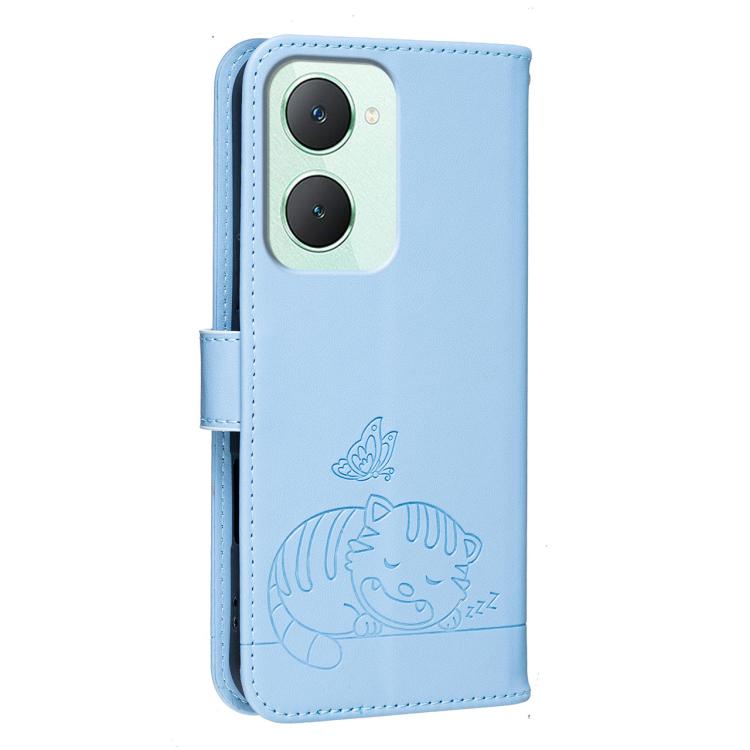For vivo Y03 Cat Butterfly Embossed RFID Vegan Leather Phone Case with Strap