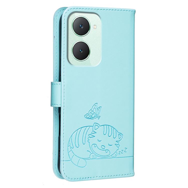 For vivo Y03 Cat Butterfly Embossed RFID Vegan Leather Phone Case with Strap