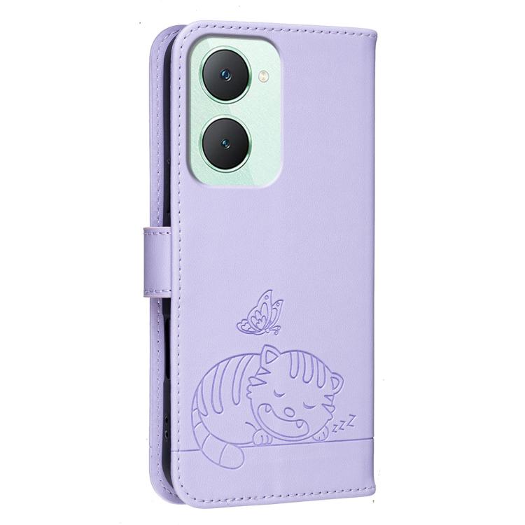 For vivo Y03 Cat Butterfly Embossed RFID Vegan Leather Phone Case with Strap