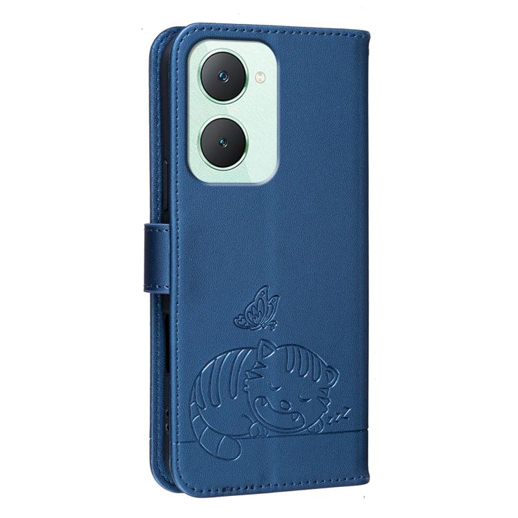 For vivo Y03 Cat Butterfly Embossed RFID Vegan Leather Phone Case with Strap