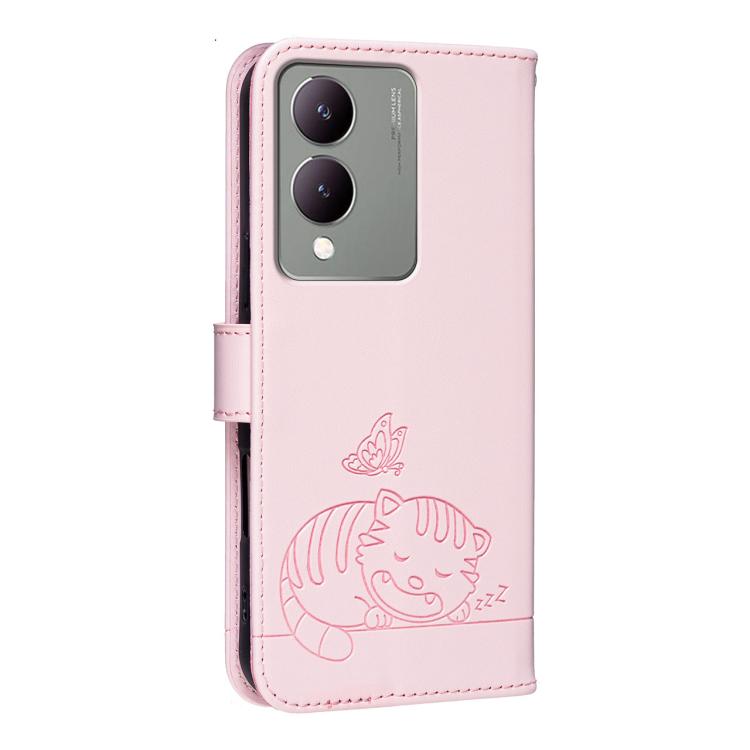 For vivo Y17S Cat Butterfly Embossed RFID Vegan Leather Phone Case with Strap