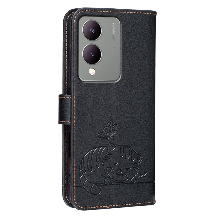 For vivo Y17S Cat Butterfly Embossed RFID Vegan Leather Phone Case with Strap
