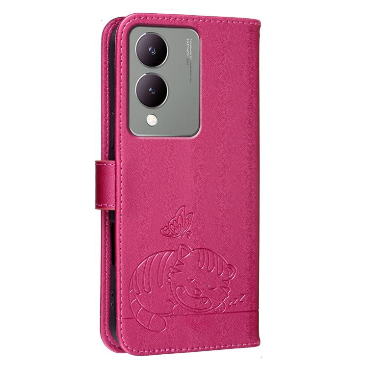 For vivo Y17S Cat Butterfly Embossed RFID Vegan Leather Phone Case with Strap