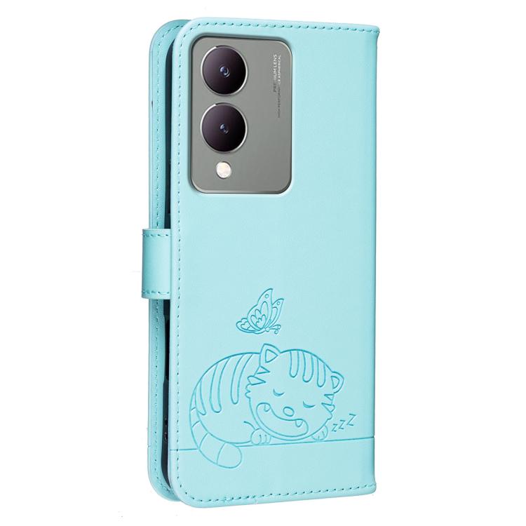 For vivo Y17S Cat Butterfly Embossed RFID Vegan Leather Phone Case with Strap