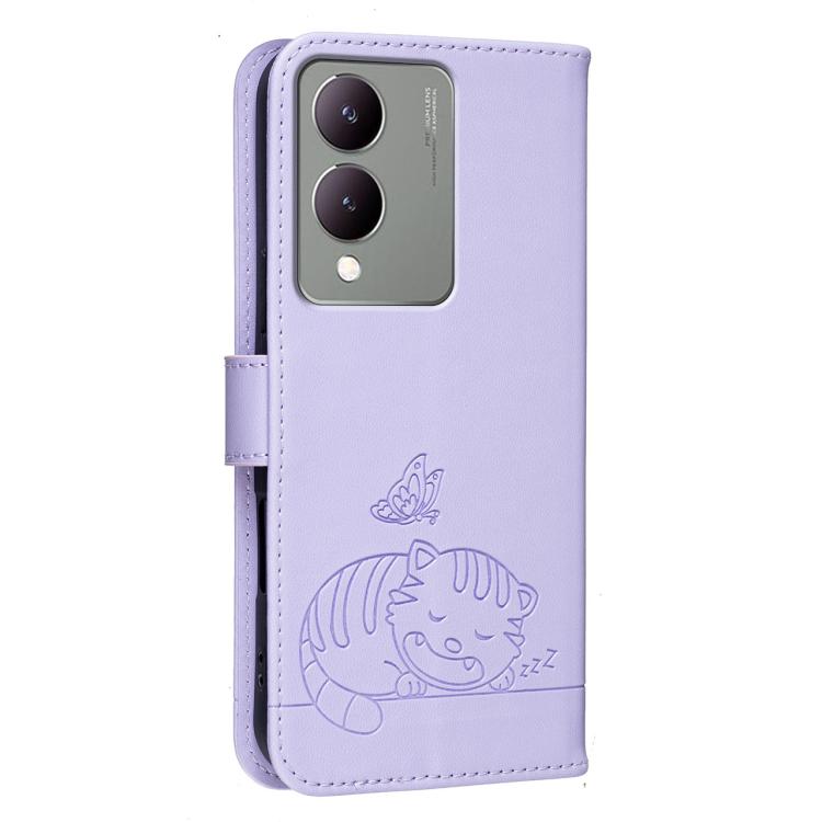 For vivo Y17S Cat Butterfly Embossed RFID Vegan Leather Phone Case with Strap