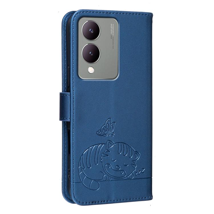 For vivo Y17S Cat Butterfly Embossed RFID Vegan Leather Phone Case with Strap