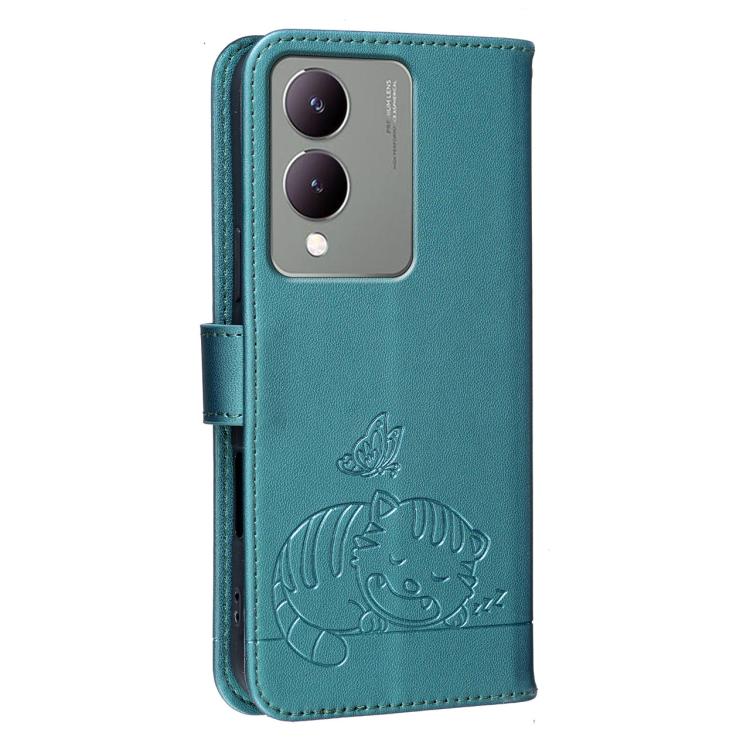 For vivo Y17S Cat Butterfly Embossed RFID Vegan Leather Phone Case with Strap