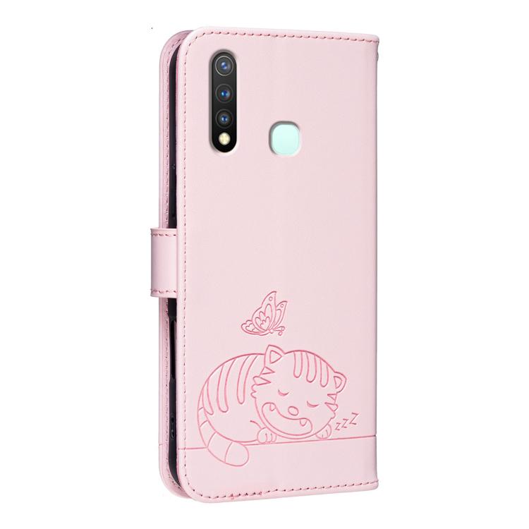For vivo Y19 Cat Butterfly Embossed RFID Vegan Leather Phone Case with Strap