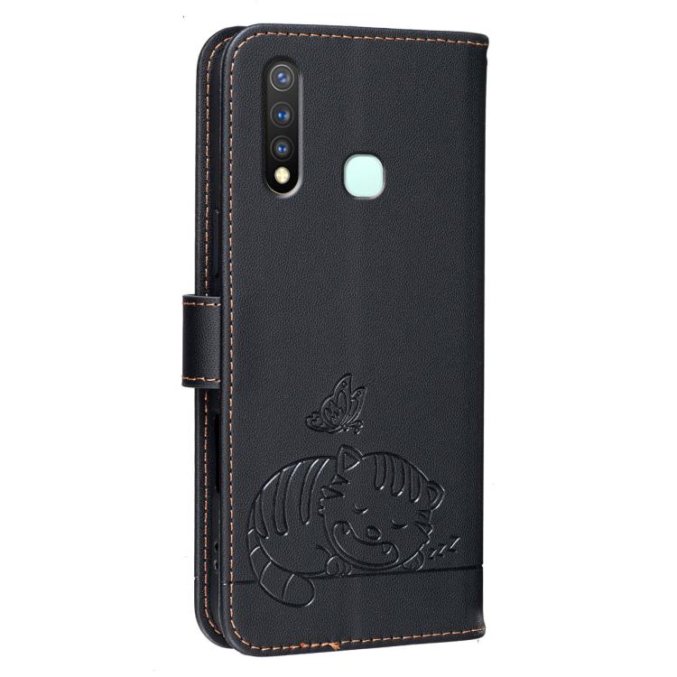 For vivo Y19 Cat Butterfly Embossed RFID Vegan Leather Phone Case with Strap