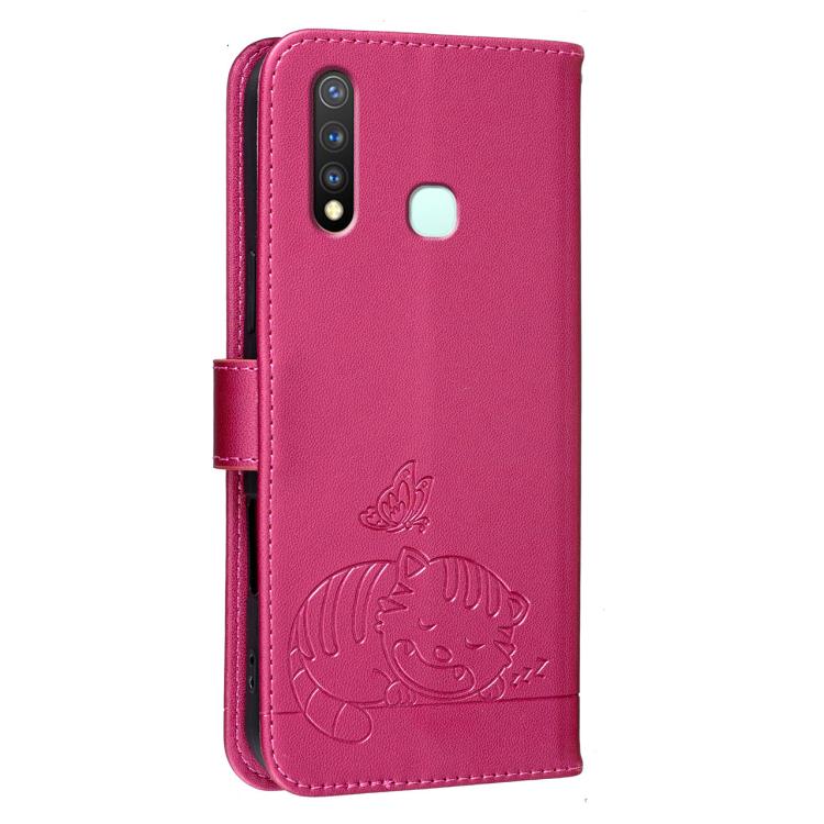 For vivo Y19 Cat Butterfly Embossed RFID Vegan Leather Phone Case with Strap