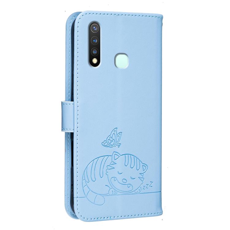 For vivo Y19 Cat Butterfly Embossed RFID Vegan Leather Phone Case with Strap