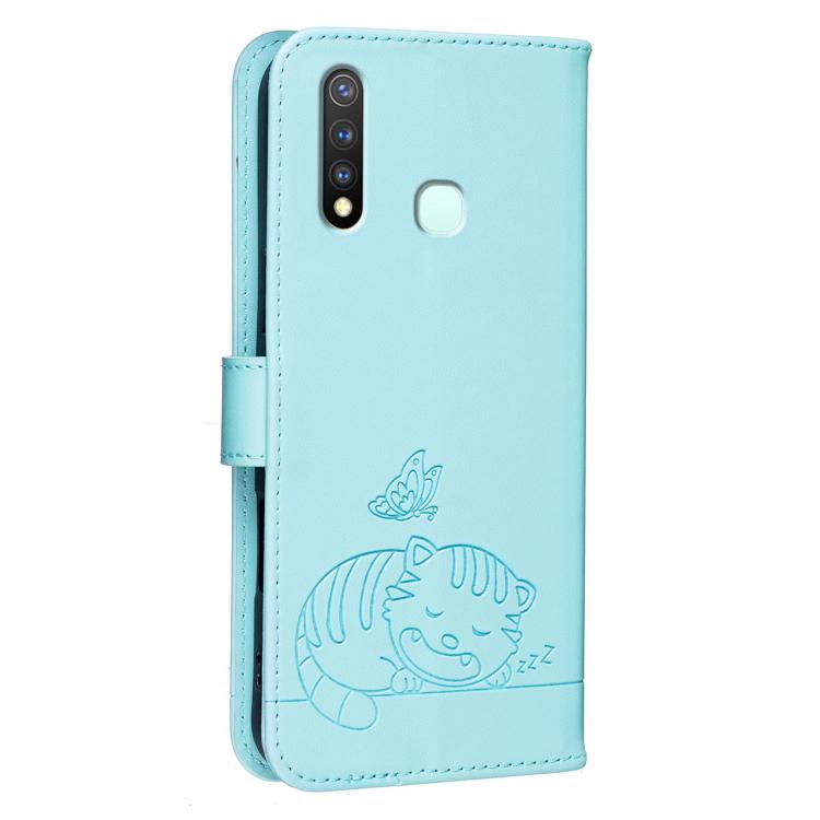 For vivo Y19 Cat Butterfly Embossed RFID Vegan Leather Phone Case with Strap