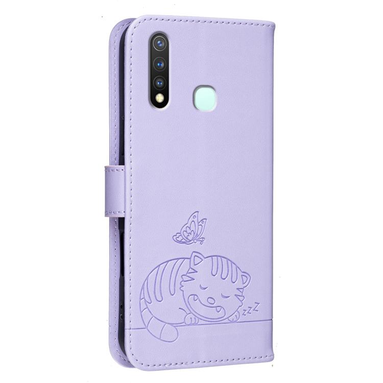 For vivo Y19 Cat Butterfly Embossed RFID Vegan Leather Phone Case with Strap
