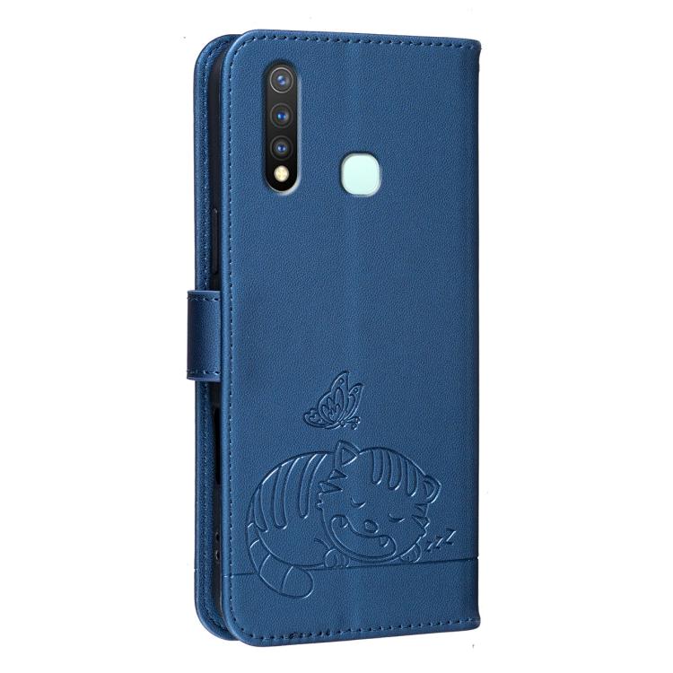 For vivo Y19 Cat Butterfly Embossed RFID Vegan Leather Phone Case with Strap