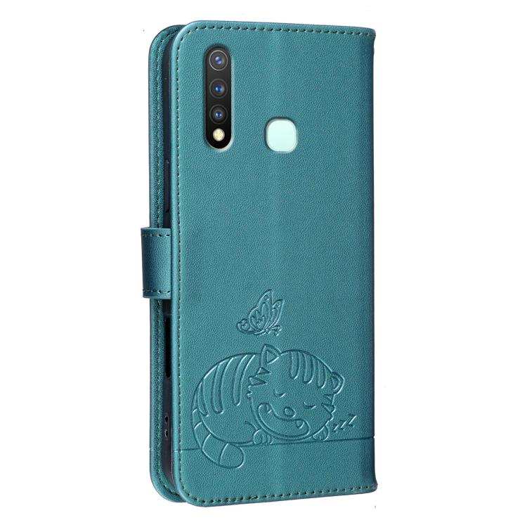 For vivo Y19 Cat Butterfly Embossed RFID Vegan Leather Phone Case with Strap