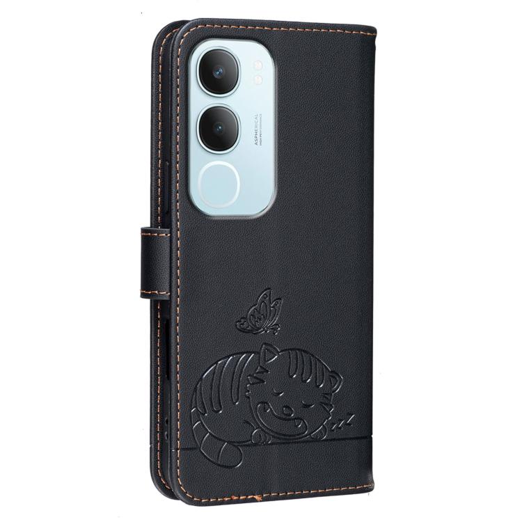 For vivo Y19s 4G Cat Butterfly Embossed RFID Vegan Leather Phone Case with Strap