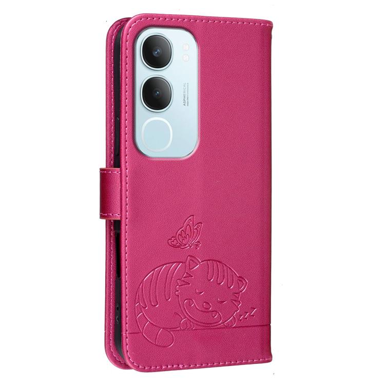 For vivo Y19s 4G Cat Butterfly Embossed RFID Vegan Leather Phone Case with Strap
