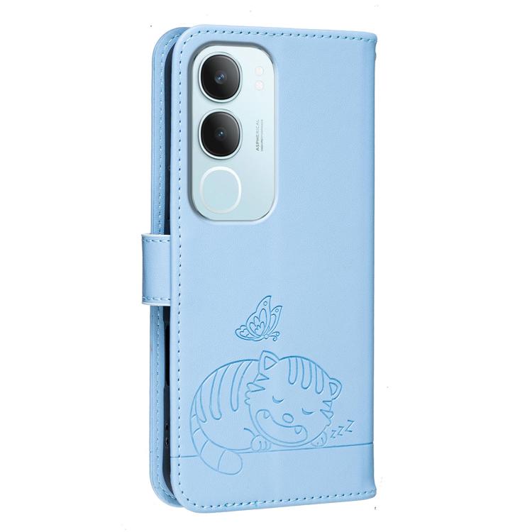 For vivo Y19s 4G Cat Butterfly Embossed RFID Vegan Leather Phone Case with Strap