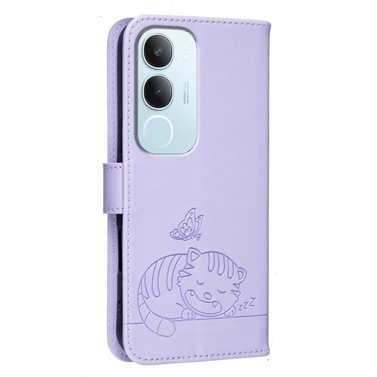 For vivo Y19s 4G Cat Butterfly Embossed RFID Vegan Leather Phone Case with Strap
