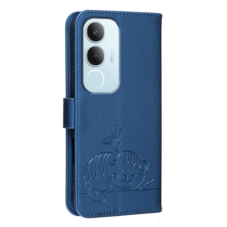 For vivo Y19s 4G Cat Butterfly Embossed RFID Vegan Leather Phone Case with Strap