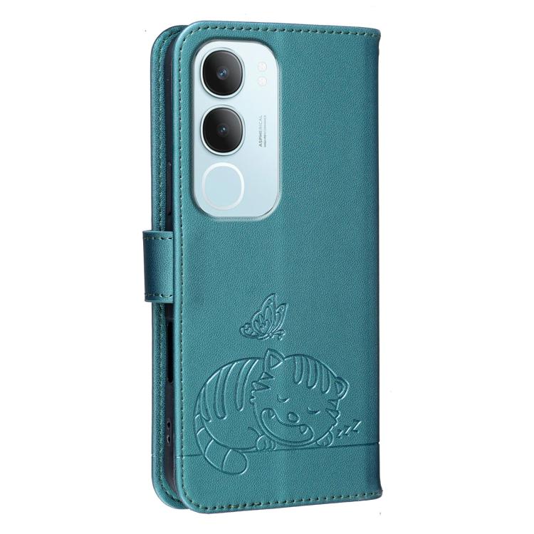 For vivo Y19s 4G Cat Butterfly Embossed RFID Vegan Leather Phone Case with Strap