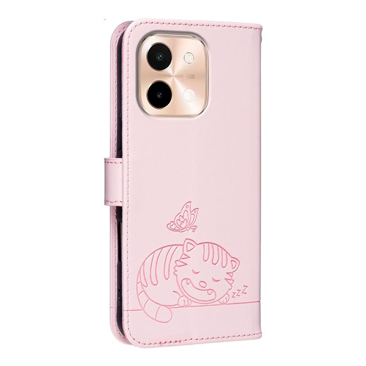For vivo Y28 4G Cat Butterfly Embossed RFID Vegan Leather Phone Case with Strap