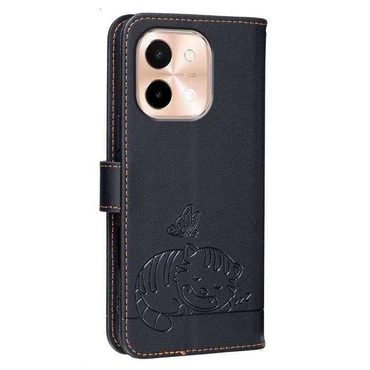 For vivo Y28 4G Cat Butterfly Embossed RFID Vegan Leather Phone Case with Strap