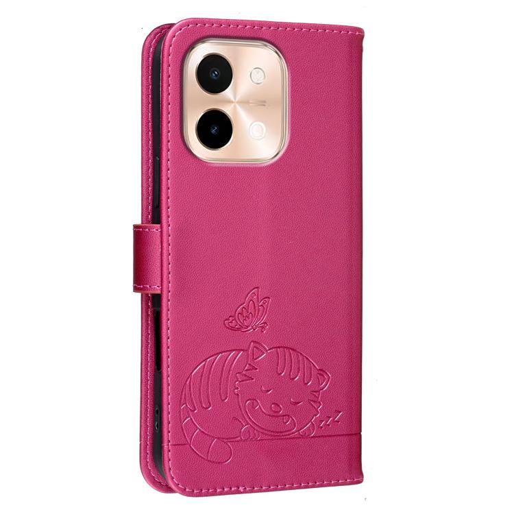 For vivo Y28 4G Cat Butterfly Embossed RFID Vegan Leather Phone Case with Strap